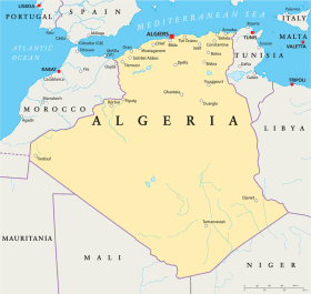 Algeria map with the capital Algiers