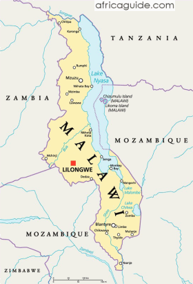 Malawi map with capital Lilongwe