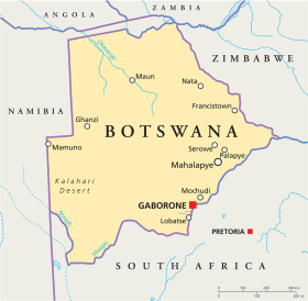 Botswana map with capital Gaborone