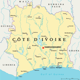 Ivory Coast map with capital Yamoussoukro