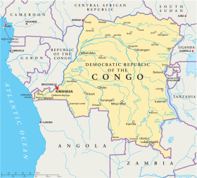 Democratic Republic of the Congo map with capital Kinshasa - click to zoom